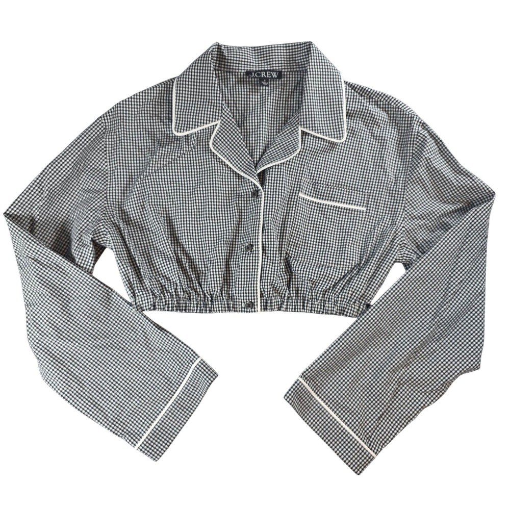 J.Crew Women Small Black Gingham Cropped Button Up Top Pajama Style Piping